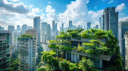 Naklejka premium Urban landscape featuring high-rise buildings with lush vertical gardens under a vibrant blue sky with scattered clouds.
