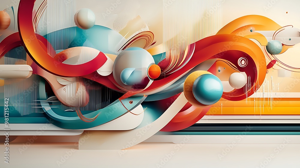 Poster colorful 3d shapes and spheres float in a vibrant abstract space.
