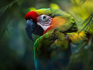 Obraz premium Mesmerizing Parrot with Vivid Plumage and Inquisitive Eyes in Verdant Forest Environment
