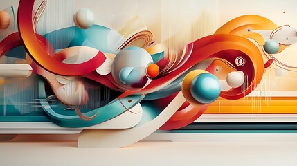 Colorful 3D shapes and spheres float in a vibrant abstract space.