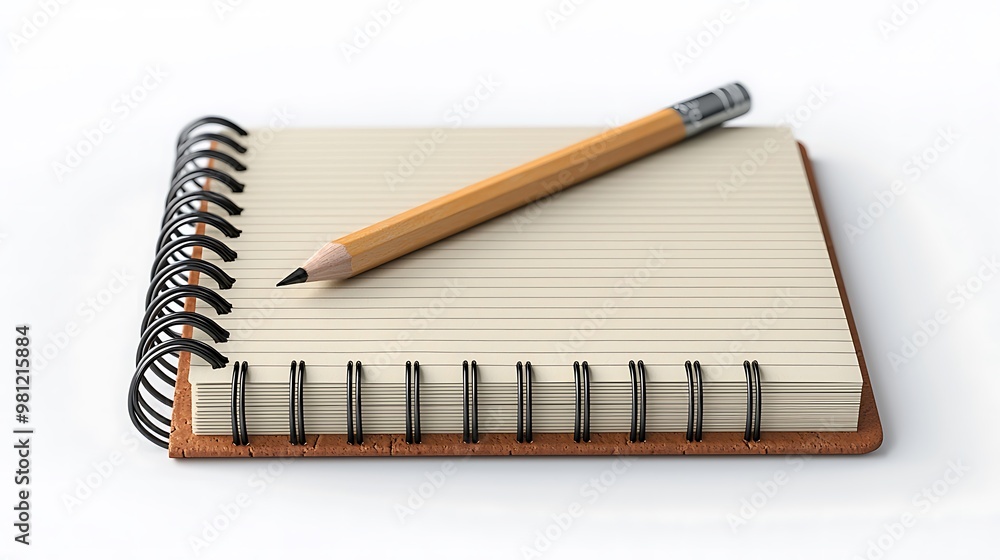 Poster a blank notebook and pencil rest on a pristine white surface, inviting creativity.