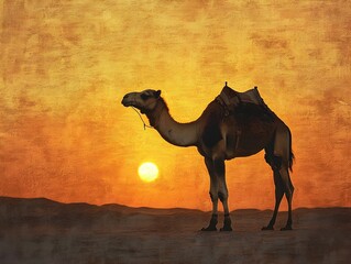 Weathered Camel Hump Silhouetted Against Golden Desert Sunset Painting