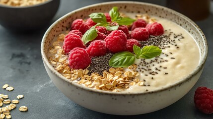 A healthy bowl of oatmeal topped with fresh raspberries, chia seeds, and basil leaves, perfect for a nutritious breakfast.