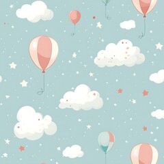 Cute hot air balloons drift among clouds and stars in a seamless cartoon pattern.