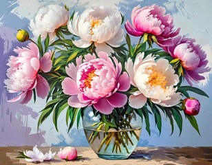A stunning arrangement of blooming pink peonies fills the frame, with soft pastel hues in the background. Flowers display delicate petals and rich textures, celebrating nature elegance. Generative AI
