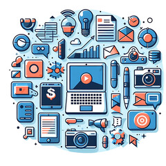 Flat Design Office Tools Icons for Digital Marketing