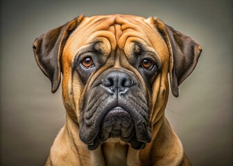 Fototapeta premium Close-up portrait of a majestic bullmastiff dog with a gentle expression, soft fur, and a wrinkled face, set against a neutral background.