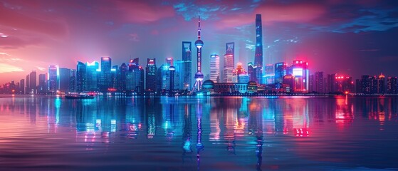 Vibrant city skyline at dusk with shining lights reflecting in the water, creating a mesmerizing urban scene full of colors and life.