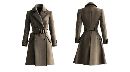 Stylish brown trench coat featuring double breasted design, belted waist, and elegant tailoring. Perfect for chic and sophisticated look in cooler weather. 