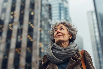 Mature woman stands against tall skyscrapers while gazing upward, reflecting