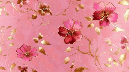 Seamless graphic wallpaper featuring pink gold flowers on a pink background
