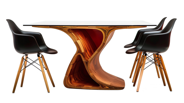Designer table with chairs, on transparent background. PNG