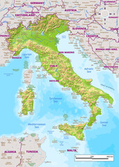 Fototapeta premium Italy physical map with national borders, rivers and lakes, mountains, parks, labeling