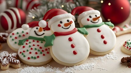 Fototapeta premium Festive Snowman-Shaped Christmas Cookies with Icing Details on Holiday Treats Tray