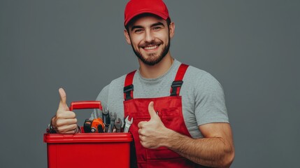 A mechanical technician giving a thumbs-up while holding a toolbox, with a confident smile.