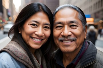 happy native american married couple in love on a new york sidewalk, city, urban, affection, togetherness, relationship, romance, smiling, holding hands, bonding, cultural heritage, diversity