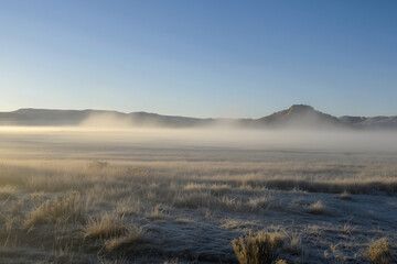 Steppe landscape with fog.
