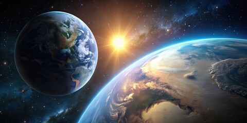 Obraz premium Earth sunrise with moon in space, Earth, sunrise, moon, space, outer space, celestial bodies, planet Earth