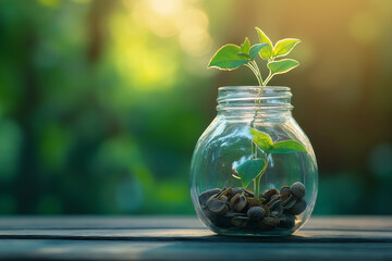 Green Plant Sprouting in Glass Jar on Wooden Table
