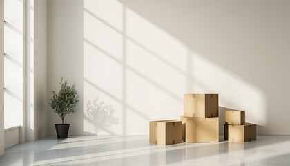 Moving. Several packed cardboard boxes next to a white wall with natural light and shadows from a window in an empty room of a new apartment.