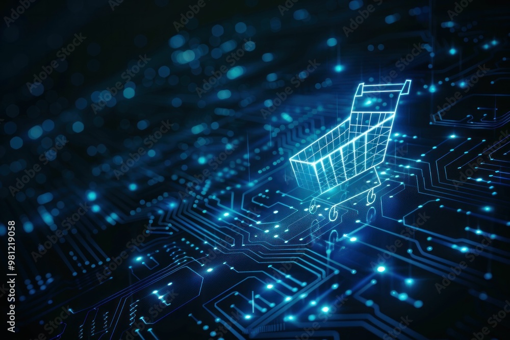 Wall mural digital shopping cart glowing on a circuit board background, representing e commerce and technology