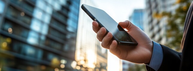 Businessman using a smartphone outdoors, close-up of a hand holding a mobile phone with a blurred office building in the background Generative AI