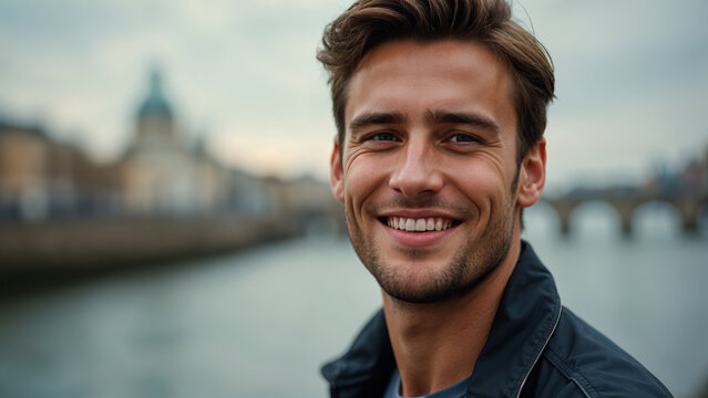 young smiling handsome man smiling portait photo river bridge cityscape blurred background