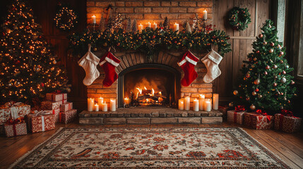 A decorated fireplace mantel with stockings, candles, and a garland of pine branches,