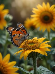 Butterfly on a sunflower, surrounded by yellow flowers in a soft focus.