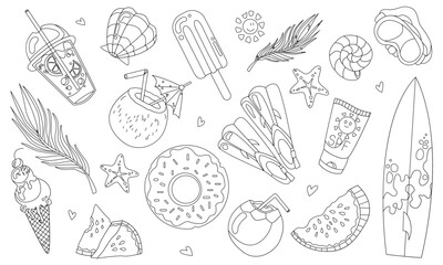 Summer set icons with fruits, drinks, seashells, palm leaves, swimming mask, spf. Isolated objects on white background. Hand drawn vector illustration with stroke.