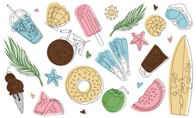 Summer set icons with fruits, drinks, seashells, palm leaves, swimming mask, spf. Isolated objects on white background. Hand drawn vector illustration with stroke.
