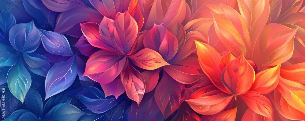 Poster abstract floral pattern with vibrant colors blending from purple to orange on a smooth gradient back