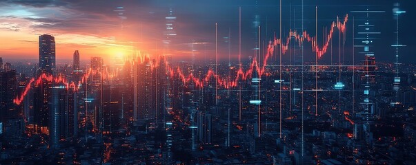 Fototapeta premium Business growth concept with data analytics graph overlaying a stunning city skyline at sunset, illustrating financial progress.