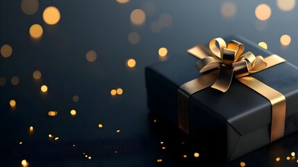 Luxury Black Gift Box with Detailed Golden Ribbon Softly Glowing in a Dark Room