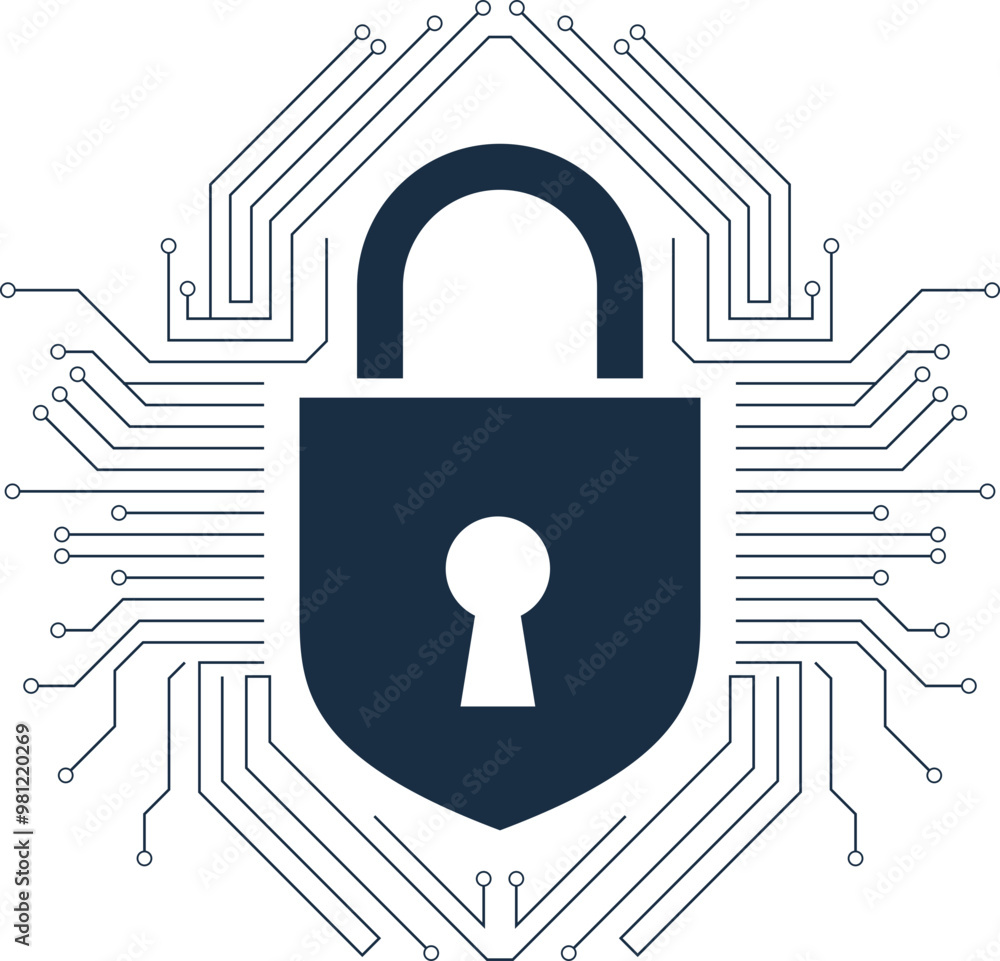 Poster cybersecurity lock icon representing digital data protection, network security, encryption technolog
