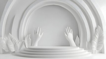 Obraz premium 3D White Healing Hands Podium Concept for Janeiro Branco: Minimalist Design Emphasizing Mental Health Support and Resources