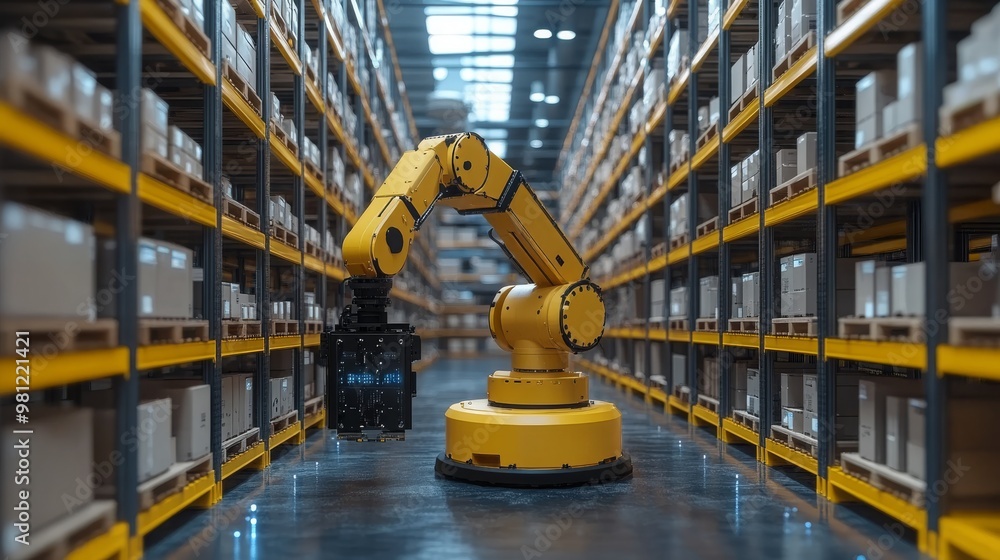 Poster robotic arm performing automated tasks in a modern warehouse environment during daylight