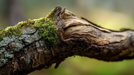 A close-up of a rugged, textured tree branch covered in moss, blending into a backdrop of earthy browns and deep greens, showcasing nature's raw beauty.