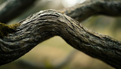 Fototapeta premium A close-up of a rugged, textured tree branch covered in moss, blending into a backdrop of earthy browns and deep greens, showcasing nature's raw beauty.