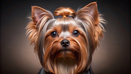 Sweet adorable Yorkshire Terrier with stunning long silky hair, fluffy ears, and big brown eyes, isolated on a solid colored background, looking directly ahead.