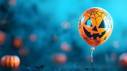 Spooky Halloween Pumpkin Balloon with Spider Web Patterns Floating in Eerie Blue Scene