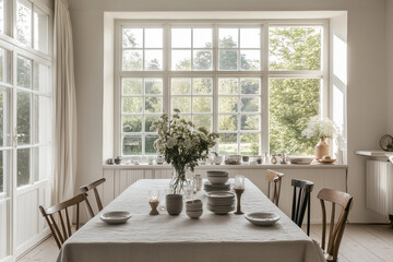 Obraz premium a serene and visually appealing kitchen corner in an apartment, blending Japandi style with practicality, and incorporating the dining table seamlessly into the space. 
