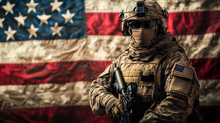 Fototapeta premium Veterans day tribute: a US soldier in combat gear defends freedom under the stars and stripes