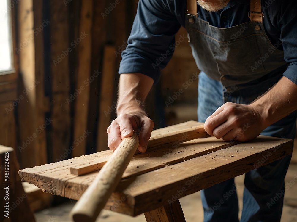 Poster carpenter aligning wood planks with a mallet and dowel rods in a rustic setting.