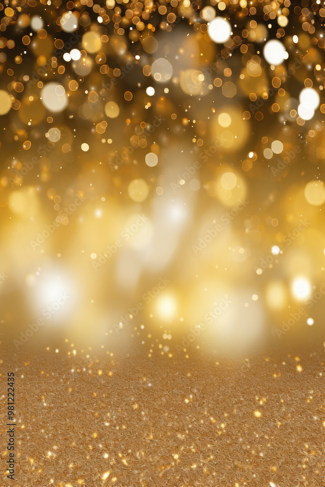 Poster golden glitter sparkling on a surface with a golden bokeh effect background, creating a luxurious an
