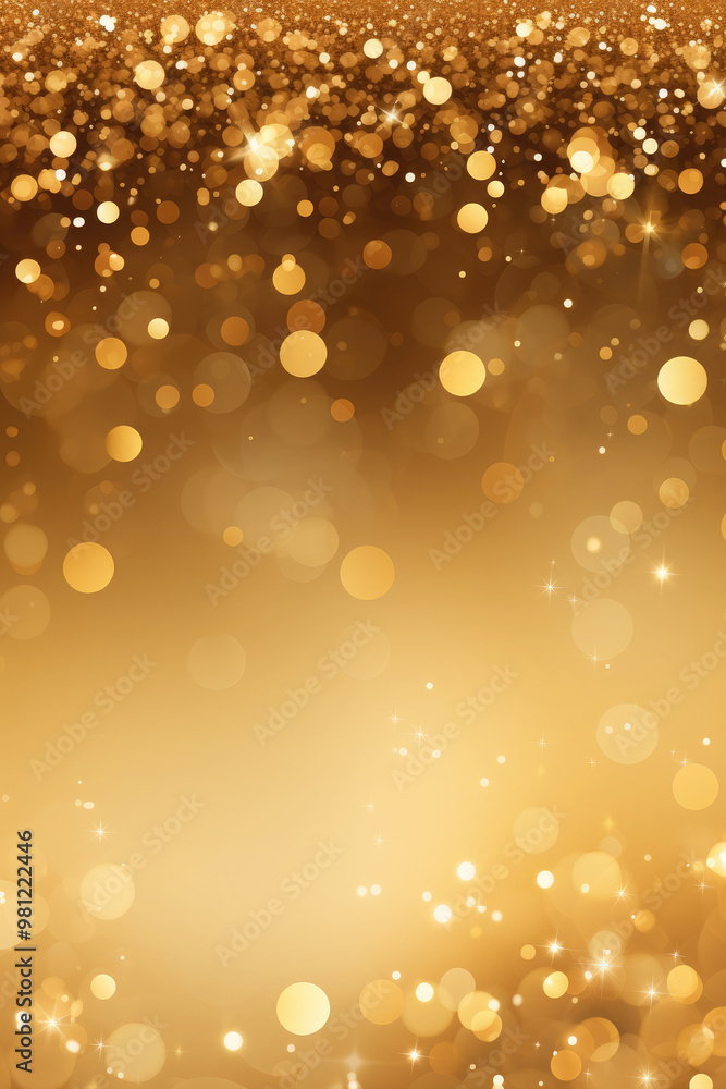 Poster golden glitter sparkling on a surface with a golden bokeh effect background, creating a luxurious an