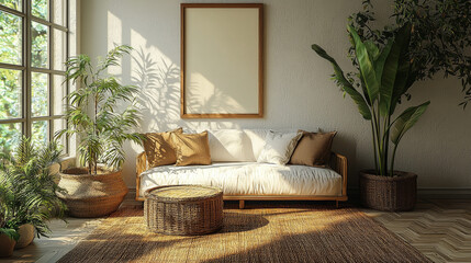 A bright living room with a white couch, wicker furniture, and potted plants.