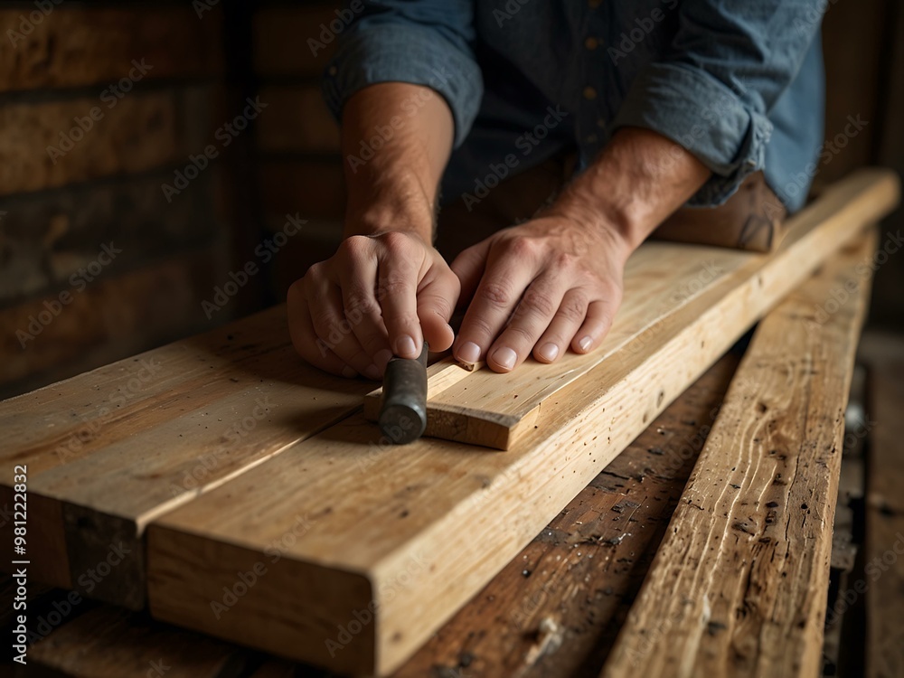 Poster carpenter aligning wood planks with a mallet in a rustic setting.