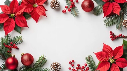 Christmas wreath featuring red poinsettias, pine cones, and berries on a white background, perfect for holiday decor, Generative AI.