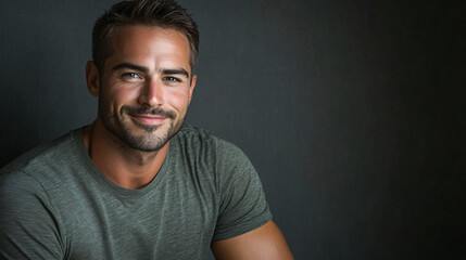 Fototapeta premium Confident young man smiles happily against a grey backdrop, looking directly at the camera with piercing blue eyes